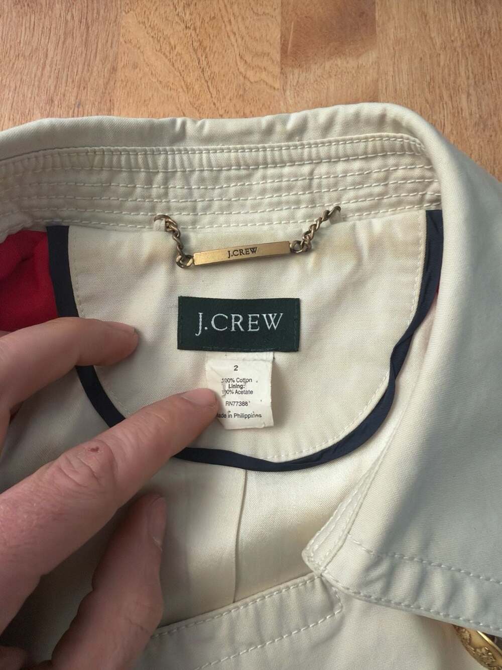 J.Crew Khaki Double Breasted Short Trench Coat with Multi-Colored Striped Lining